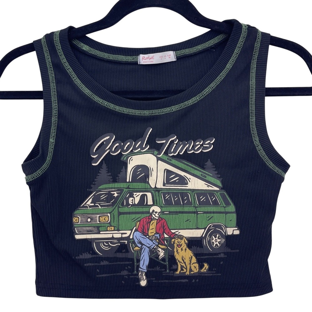 Black Cropped Tank Top S Skeleton Camper Graphic Ribbed Contrast Stitch Crop